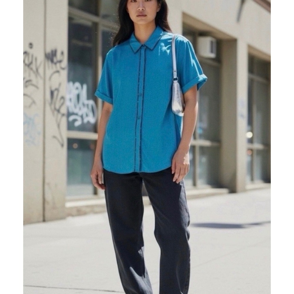 NEW Wildfang Blue Coastal Floral Empower Piped Button Up Short Sleeve Shirt M